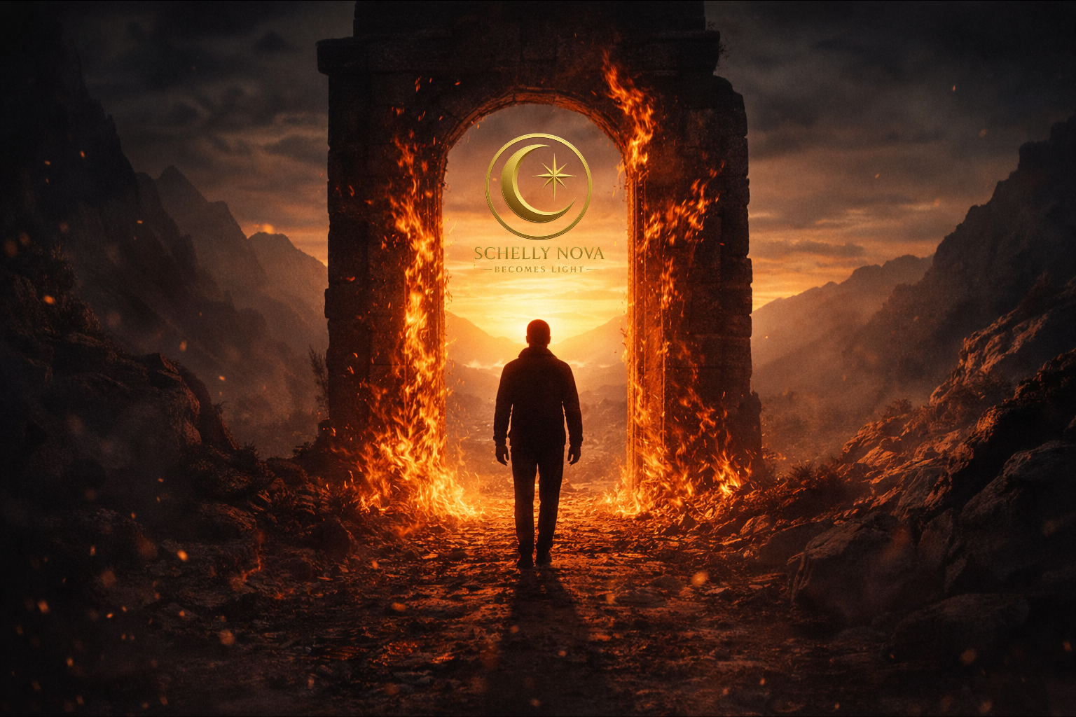 A lone figure standing before a burning stone gateway at sunrise, symbolizing fear as a threshold and the transition from the old life into power, clarity, and transformation in 2026.