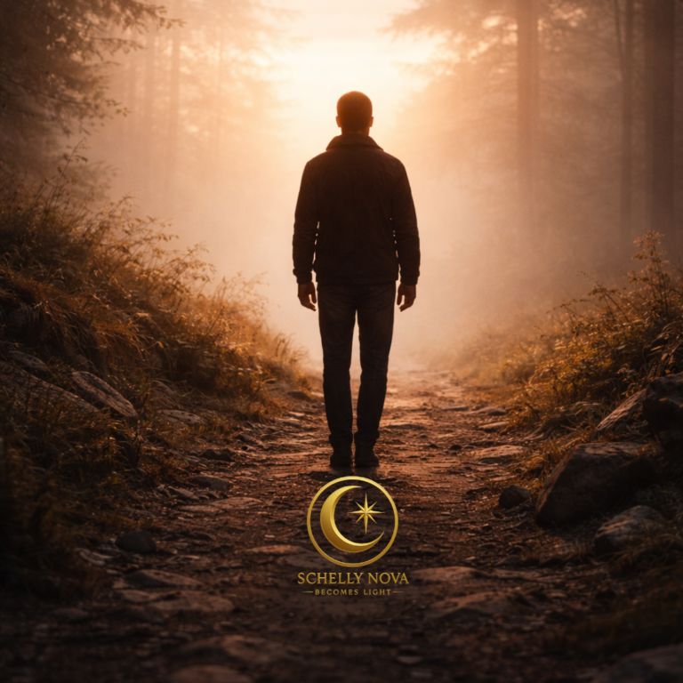 A calm figure standing alone at a quiet threshold with light ahead, symbolizing the unseen strength and discipline required to break negative patterns and choose differently.