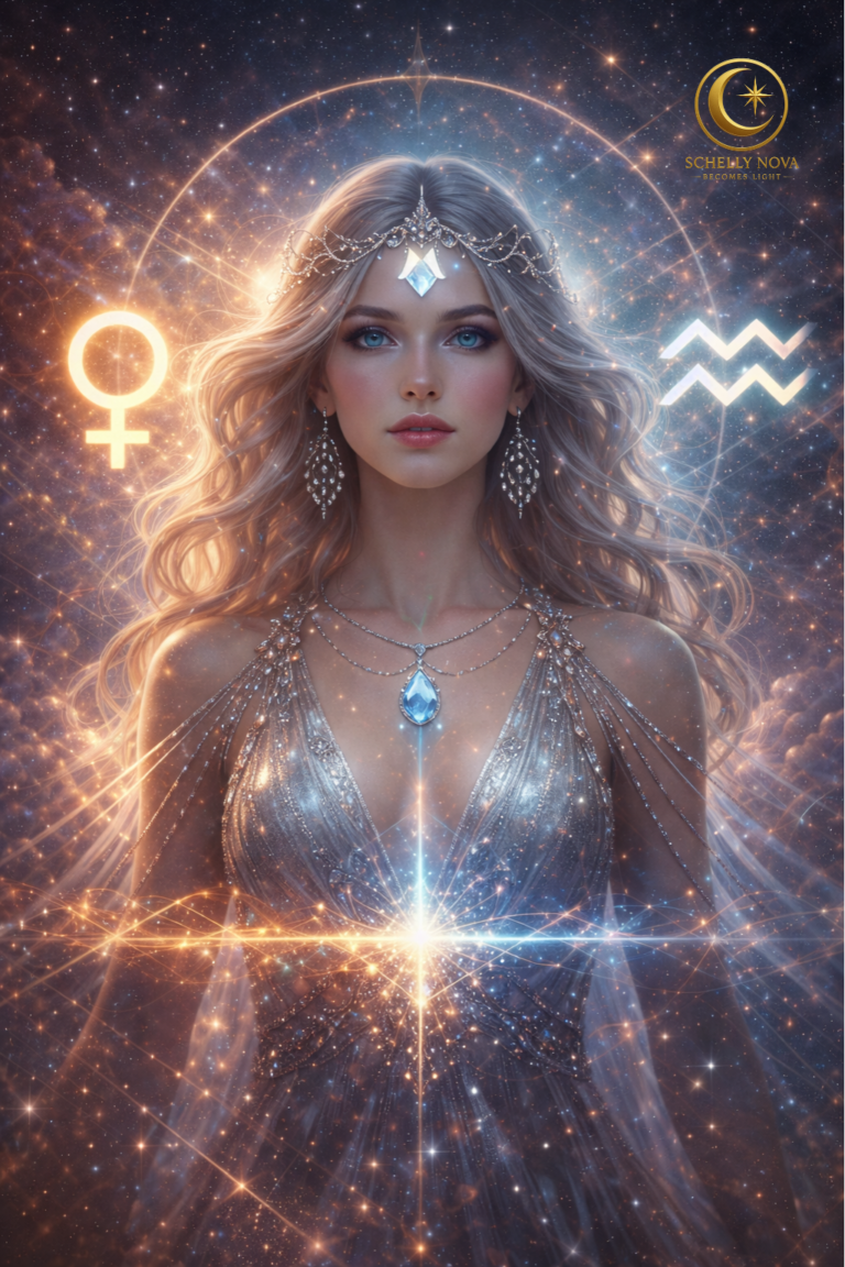 A celestial feminine figure embodying Venus in Aquarius, surrounded by cosmic light and astrological symbols, representing clarity, freedom, and a future-oriented shift in love, values, and alignment.