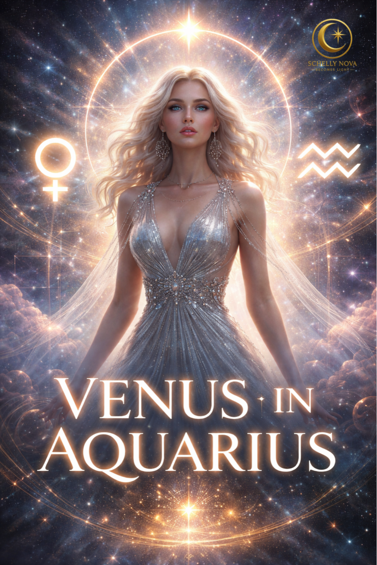 A celestial feminine figure embodying Venus in Aquarius, surrounded by cosmic light and astrological symbols, representing clarity, freedom, and a future-oriented shift in love, values, and alignment.