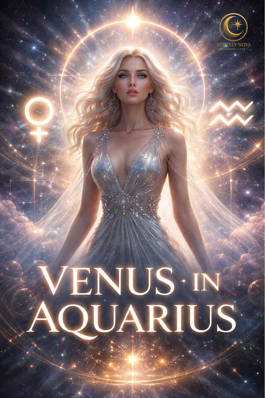 A celestial feminine figure embodying Venus in Aquarius, surrounded by cosmic light and astrological symbols, representing clarity, freedom, and a future-oriented shift in love, values, and alignment.