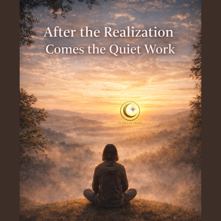 A calm celestial scene symbolizing reflection and integration after personal realization, representing the quiet inner work that follows clarity and insight.