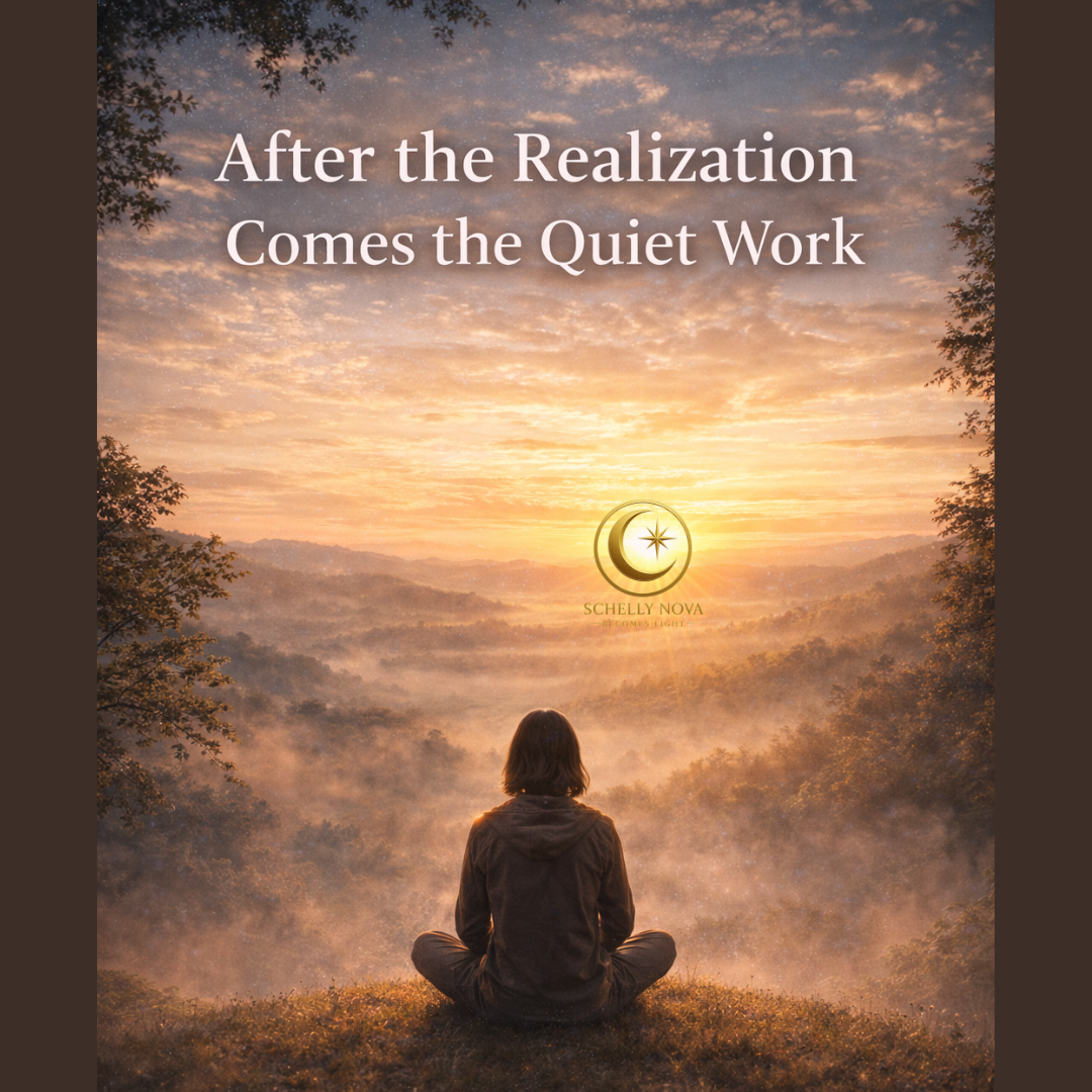 A calm celestial scene symbolizing reflection and integration after personal realization, representing the quiet inner work that follows clarity and insight.