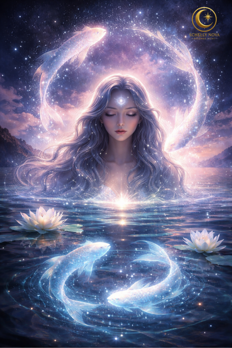 Celestial woman rising from a glowing ocean beneath a star-filled sky, surrounded by luminous fish and lotus flowers, symbolizing Pisces season, intuition, surrender, and spiritual integration before renewal.