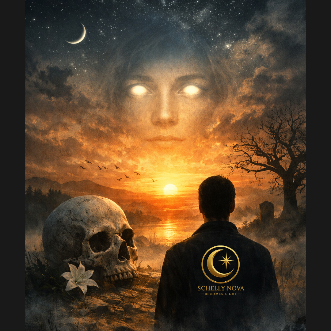 Surreal sunset scene with a silhouetted figure facing the horizon, a skull and white lily in the foreground, and a luminous celestial face in the sky, symbolizing mortality, reflection, and awakening to life’s deeper meaning.
