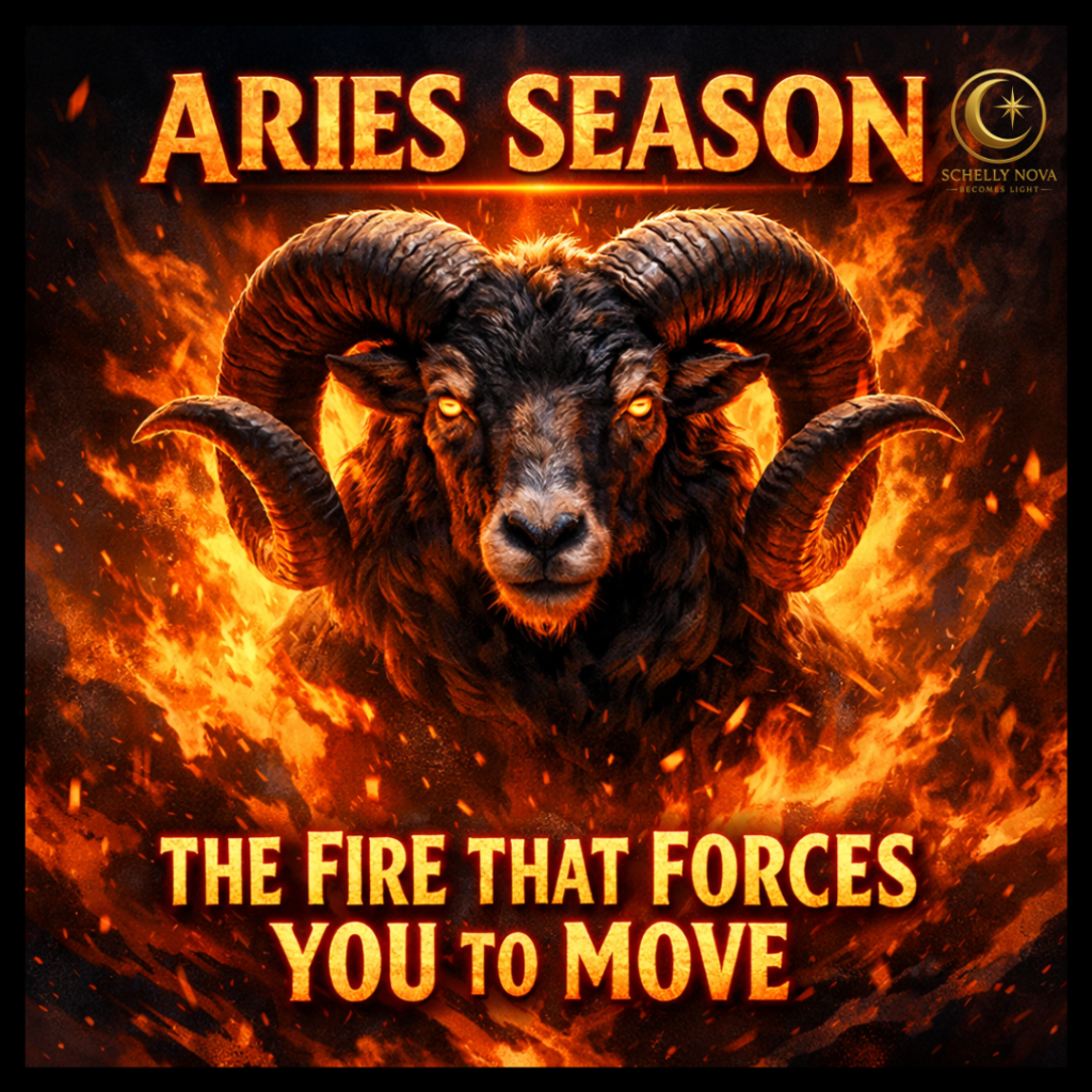 Fiery ram with glowing eyes surrounded by flames, symbolizing Aries season, action, courage, and the powerful energy that drives movement and new beginnings.