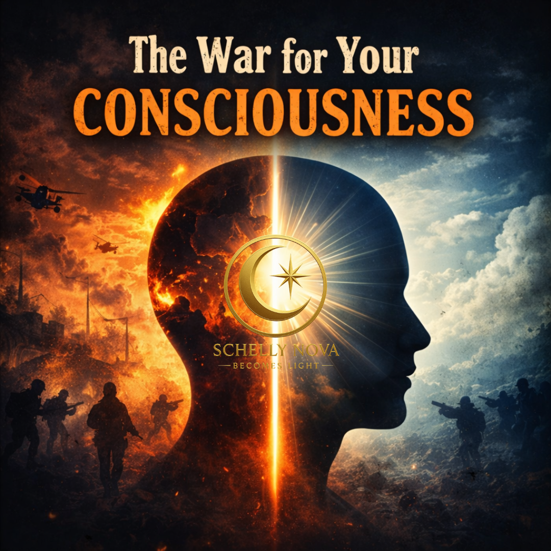 Split human head illustration showing a battle between chaos and clarity, symbolizing the war for your consciousness and the fight for control of attention and awareness.