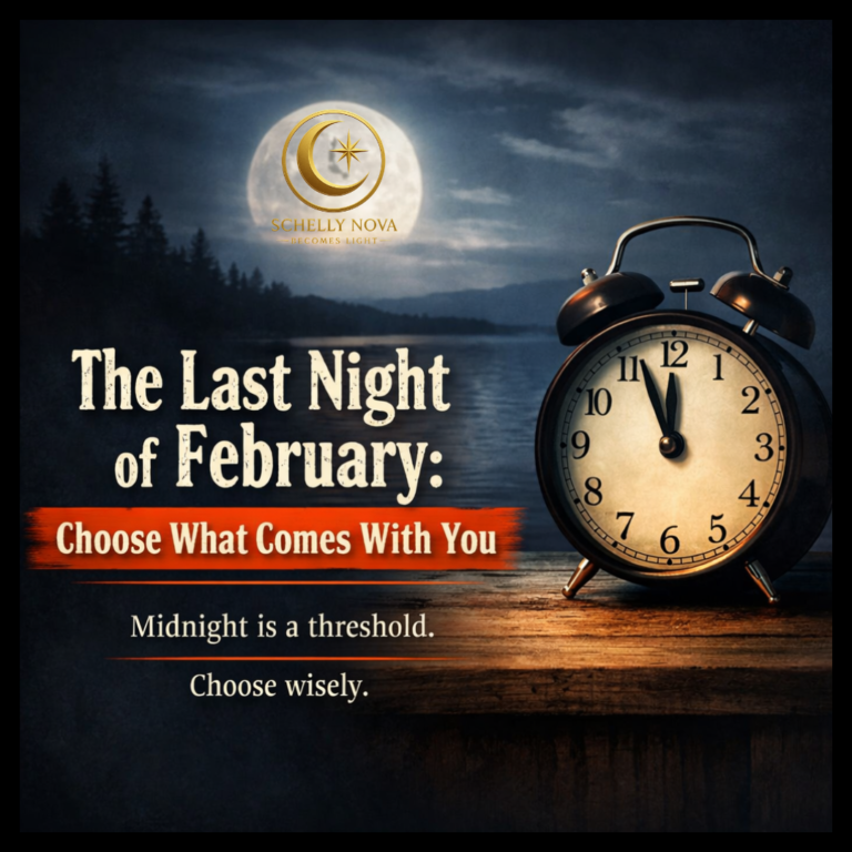 Vintage alarm clock set near midnight under a glowing full moon over a calm lake, symbolizing the last night of February and the choice of what to carry into March.