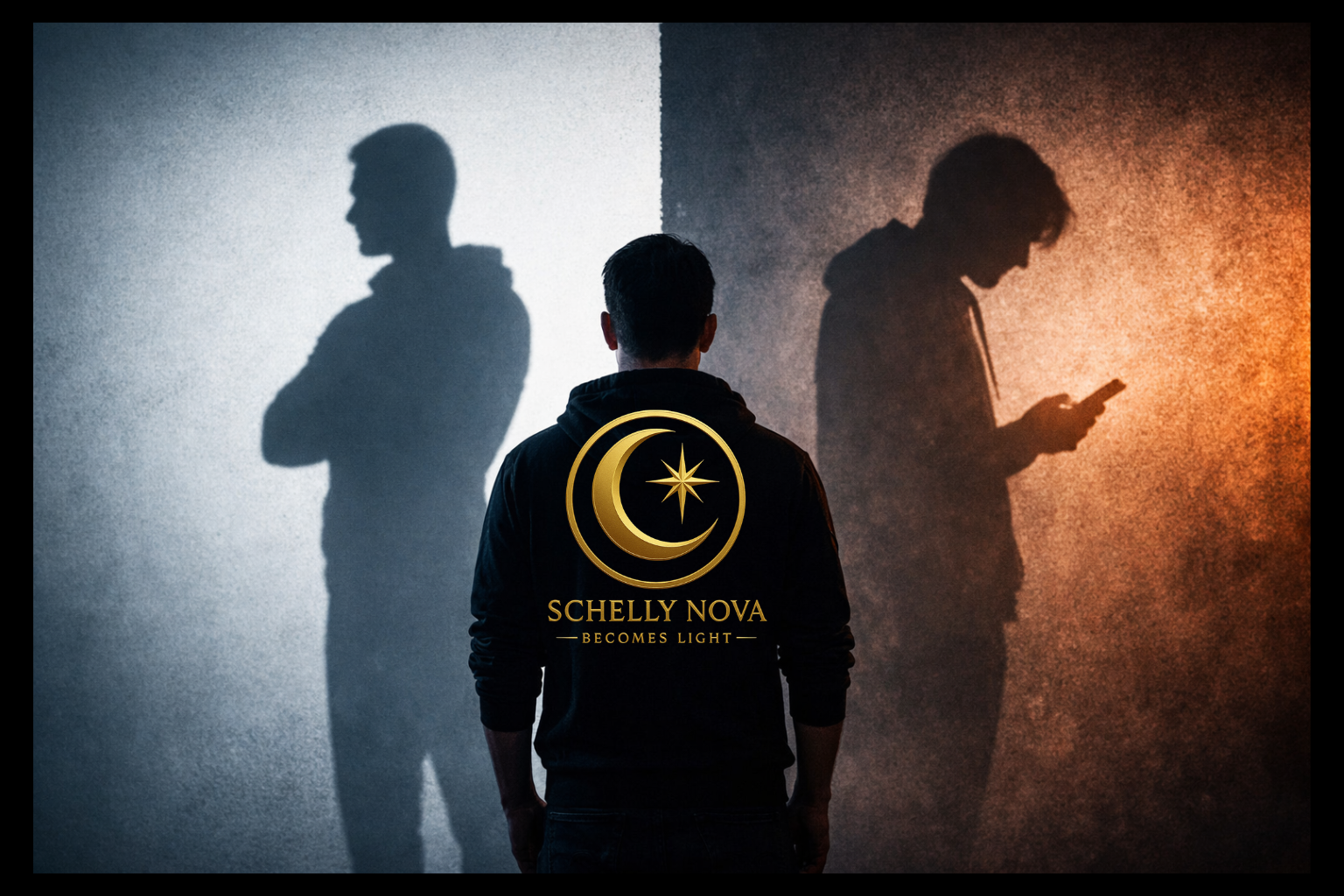 Silhouette of a person facing two contrasting shadows, one disciplined and focused and the other distracted by a phone, representing identity, discipline, and personal growth.