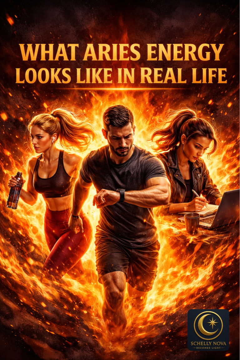 Three people surrounded by flames running, training, and working with intensity, representing Aries energy, action, movement, and high motivation in real life.
