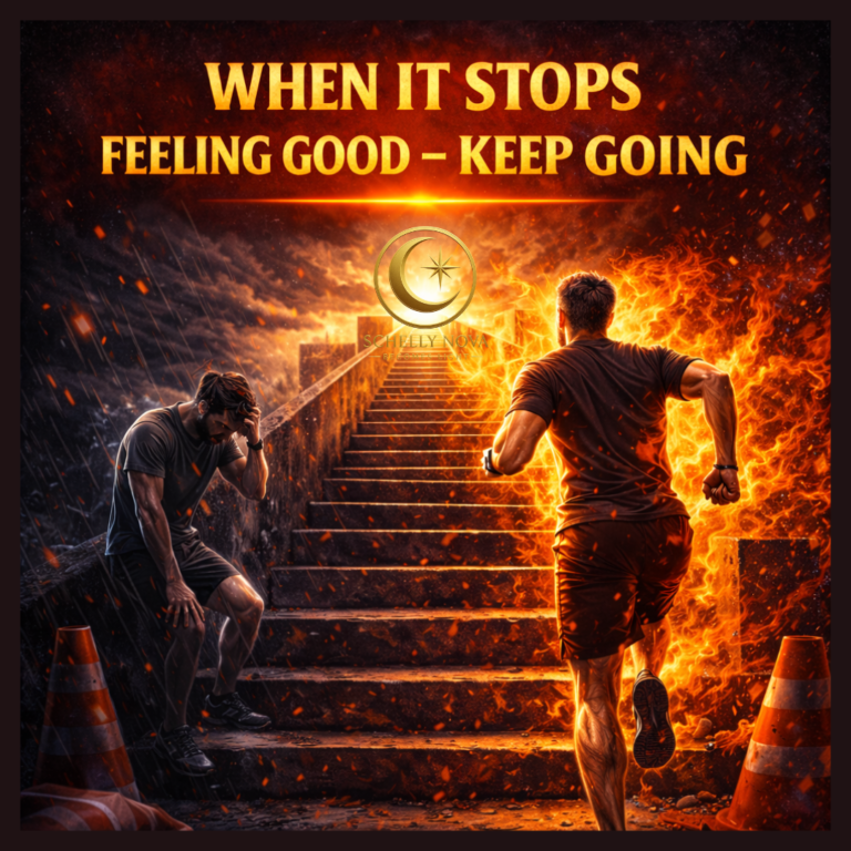 Man running up fiery stairs toward light while another sits exhausted, symbolizing discipline, persistence, and continuing forward when progress becomes difficult.