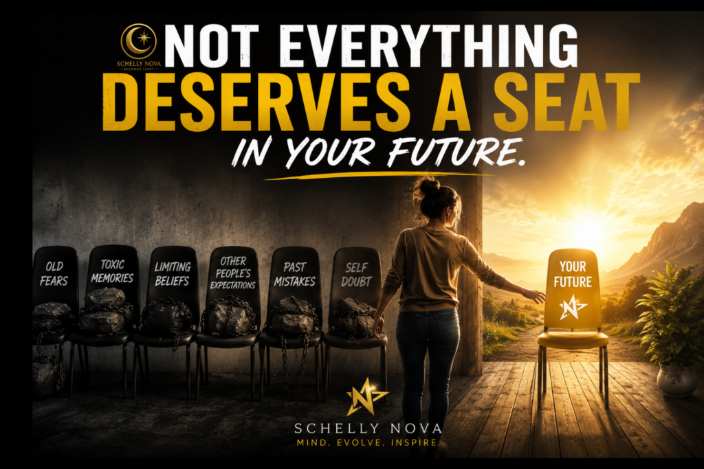 Woman standing between chairs labeled fear, toxic memories, limiting beliefs, self-doubt, and past mistakes while facing a single chair representing her future, symbolizing personal growth, emotional freedom, and choosing what belongs in the next chapter of life.