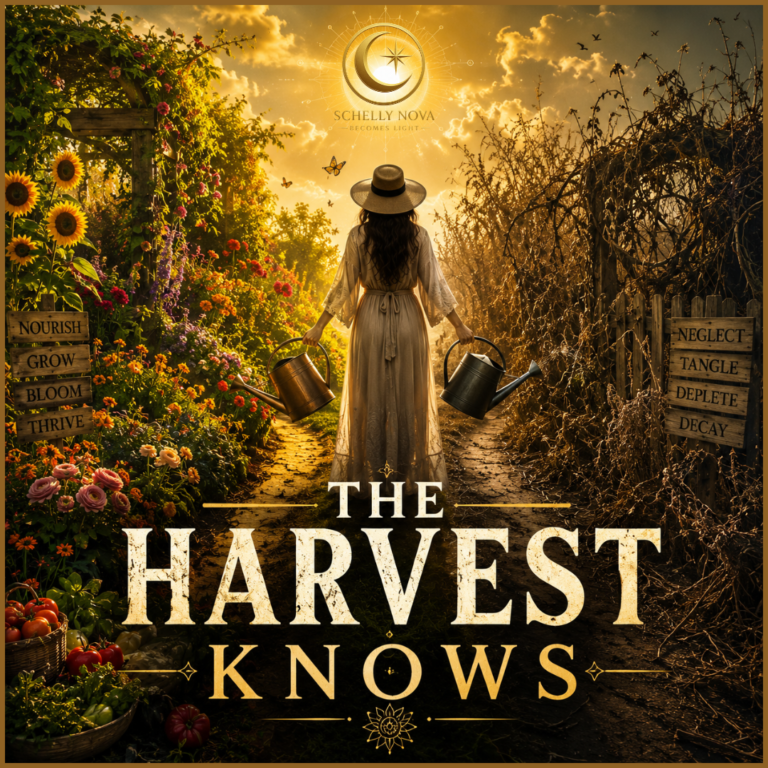 A faceless figure stands between a thriving summer garden and a dry overgrown garden, holding watering cans under a golden sun, symbolizing discipline, choice, and what we choose to feed.
