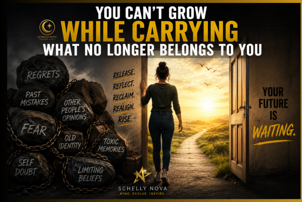 Woman standing in a doorway between a burdened past and a bright future, surrounded by symbols of fear, regret, self-doubt, limiting beliefs, and old identities, representing personal growth, emotional healing, and letting go of what no longer serves her.