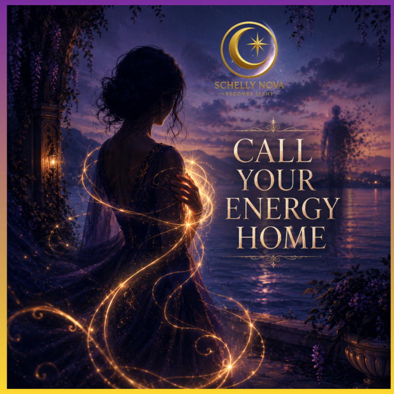 A faceless woman stands under a crescent moon as glowing golden energy returns to her body, symbolizing emotional release, powerful connections, and calling your energy home.