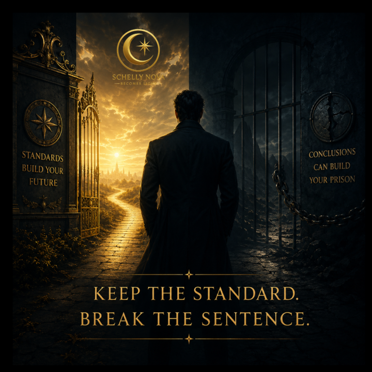 A faceless man stands between a glowing golden gate and a dark prison entrance, symbolizing the choice to keep strong standards while breaking old conclusions that confine the future.