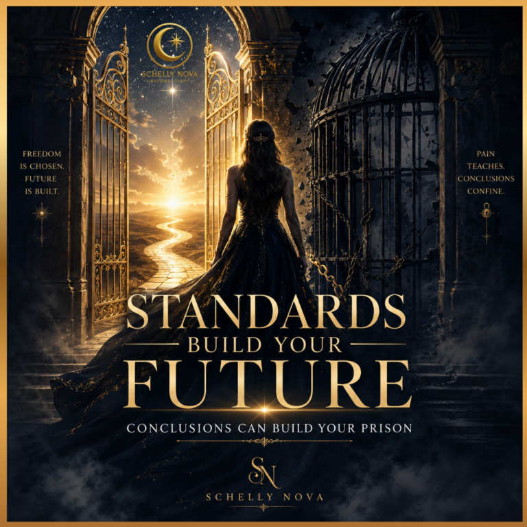A faceless woman stands between a glowing golden gate and a dark prison cage, symbolizing how standards build the future while old conclusions can create a prison.
