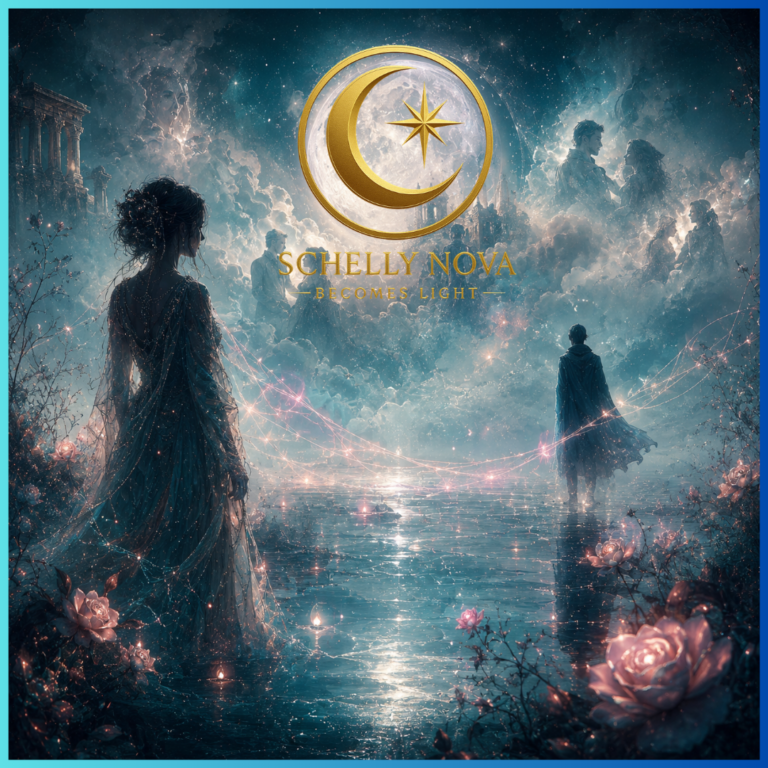 Two faceless figures stand apart beneath a glowing full moon, connected by soft pink light threads across reflective water, symbolizing past-life memory, soul recognition, mystery, and emotional truth.