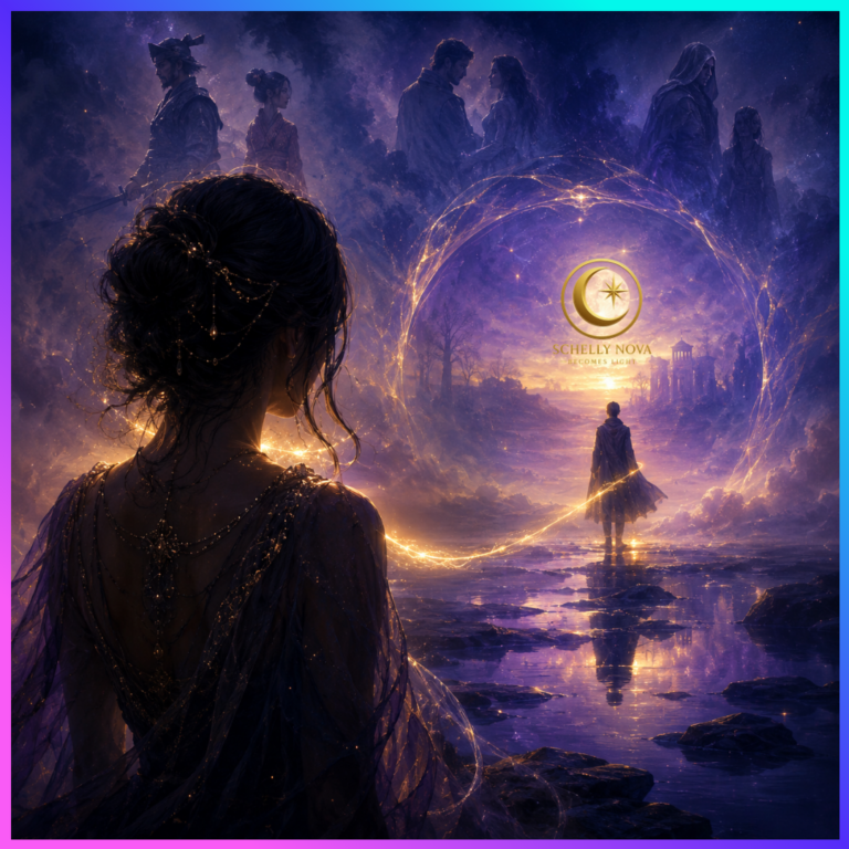 A faceless woman looks toward a distant figure across a glowing dreamlike portal, with golden threads and past-life silhouettes symbolizing soul recognition, memory, longing, and unanswered connection.