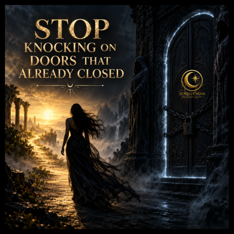 A faceless woman walks away from a chained closed door toward golden light, symbolizing release, self-worth, spiritual closure, and choosing the future over the past.