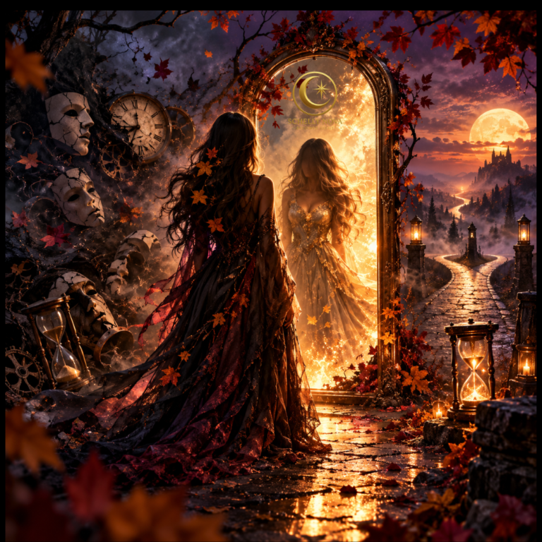 A faceless woman stands before a glowing autumn mirror reflecting a brighter version of herself, surrounded by clocks, masks, falling leaves, and a split path, symbolizing change, self-reflection, old patterns, and choosing action before the year ends.