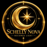 Circular Schelly Nova celestial emblem with a gold crescent moon, glowing star, orbital details, and Becomes Light tagline on a black background.