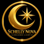 Schelly Nova logo featuring a gold crescent moon, radiant eight-point star, circular gold border, and Becomes Light tagline on black.
